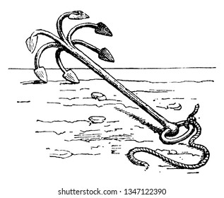 Grapnel es un ancla de barco que tiene de tres a seis escurrimientos colocados a igual distancia sobre el extremo del hueco, el dibujo vintage o la ilustración grabadora.