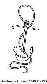 grapnel & rope, mooring elements for emblem, logo, sea symbol, vector illustration with black contour lines isolated on white background in a hand drawn style