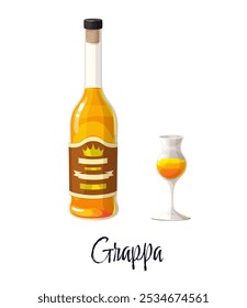 Grappa alcohol bottle and a glass. Cartoon vector tall bottle with cork, filled with a golden-brown liquid, adorned with decorative label featuring a crown. Elegant glass with a slender stem and bowl