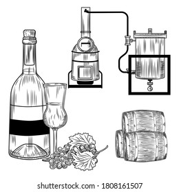 Grappa set on white background. Italian alcohol in style retro engraving bottle, glass, grapes, alembic. Vector vintage illustration.