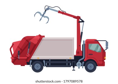 Grapple Garbage Truck Vehicle, Waste Collection, Transportation and Recycling Concept Flat Style Vector Illustration