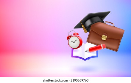 Graruation cap with school bag, book, pencil, alarm clock. 3D vector banner with copy space

