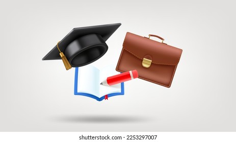 Graruation cap with school bag and book with pencil. Education concept. 3d vector icon isolated on white background