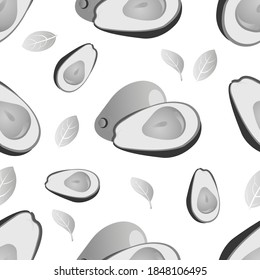 Grascale avacado seamless pattern. Vector illustration isolated on white background. Texture for fabrics, textiles, menus, packaging, website, etc.