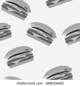 Grascale burgers seamless pattern. Vector illustration isolated on a gray background. Texture for fabric, textile, menu, packaging, website.