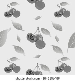 Grascale seamless background from twigs with cherries and green leaves. Vector illustration isolated on gray background. Texture for fabrics, textiles, menus, packaging, website, etc.