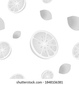 Grascale seamless background of whole and sliced lemons. Vector illustration isolated on white background. Texture for fabric, textile, menu, packaging, website.