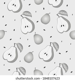 Grascale seamless pattern of green pear. Vector illustration isolated on a gray background. Texture for fabrics, textiles, menus, packaging, website, etc.