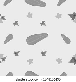 Grascale seamless pattern of green zucchini. Vector illustration isolated on a gray background. Texture for fabrics, textiles, menus, packaging, website, etc.