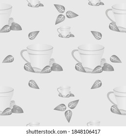 Grascale seamless pattern of mug for tea with mint leaves. Vector illustration isolated on a gray background. Texture for fabrics, textiles, menus, packaging, website, etc.