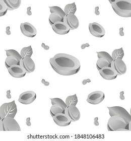 Grascale seamless pattern of peaches with leaves. Vector illustration isolated on white background. Texture for fabrics, textiles, menus, packaging, website, etc.