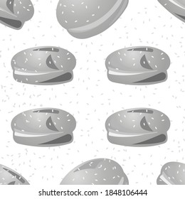 Grascale seamless pattern of seed burger buns. Vector illustration isolated on a gray background. Texture for fabrics, textiles, menus, packaging, website, etc.