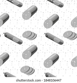 Grascale seamless pattern of sticks of sausage with chopped pieces. Vector illustration isolated on a white background. Texture for fabrics, textiles, menus, packaging, website, etc.