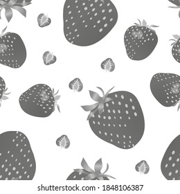 Grascale seamless pattern of whole and sliced ​​strawberries. Vector illustration isolated on white background. Texture for fabrics, textiles, menus, packaging, website, etc.