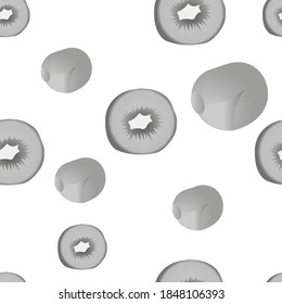 Grascale seamless pattern of whole and sliced kiwi. Vector illustration isolated on white background. Texture for fabric, textile, menu, packaging, website.