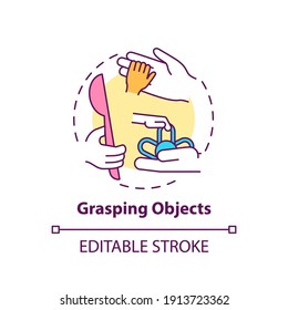 Grasping objects concept icon. Baby grab object. Developmental milestone. Early childhood development idea thin line illustration. Vector isolated outline RGB color drawing. Editable stroke