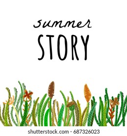 a  grass background border of  floral and herbal elements; hand made by pencils; trendy cartoon illustration style; 