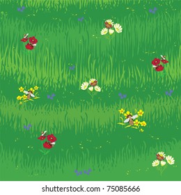 Grass background with flowers, bees and butterfly