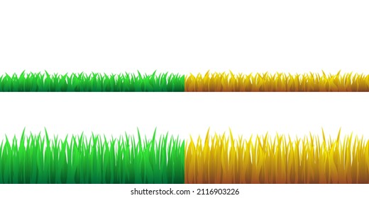 Grass background green and orange set. Different periods of growth. Spring and fall grassland field collecion illustration.