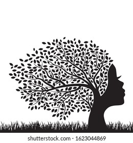 grass and beautiful tree with female face, vector