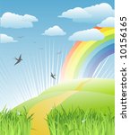 grass, birds and rainbow landscape / vector