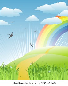 césped, aves y paisajes arcoiris/vectorial