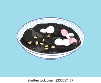 Grass black jelly with sweet dumplings and dried peanuts in flat vector illustration art design