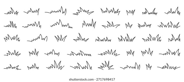 Gras schwarze Linie Doodle-Set 40. Umriss Grasland oder Wiese Skizze einfache Feld-Design. Schwarzes Gras Strich handgezeichnete Textur für Garten Muster. Vektorgrafik.