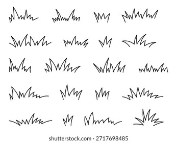 Gras schwarze Linie Doodle-Set 20. Umriss Grasland oder Wiese Skizze einfache Feld-Design. Schwarzes Gras Strich handgezeichnete Textur für Garten Muster.
