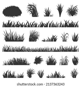 Grass black silhouettes. Bush silhouette, isolated meadow or lawn borders. Forest elements, decorative spring summer nature neoteric vector collection