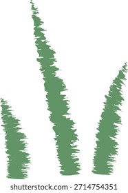 Hojas de hierba con bordes ásperos que forman tres mechones cónicos en silueta texturizada. Símbolo de la naturaleza, el crecimiento, el jardín y la frescura ecológica con estilo orgánico y sensación rústica. Ilustración vectorial de dibujos animados.