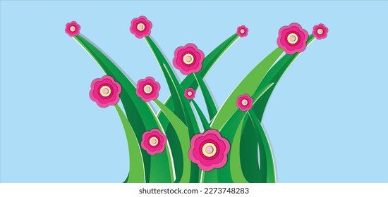Grass and blossom flowers. Earth day decoration. Paper art. Vector Illustration. 