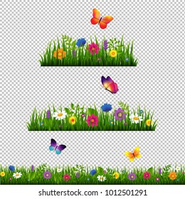 Borde De Grasa Con Colección De Flores Aisladas Con Malla De Gradiente, Ilustración Vectorial