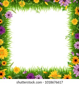 Grass Border With Flowers, Vector Illustration