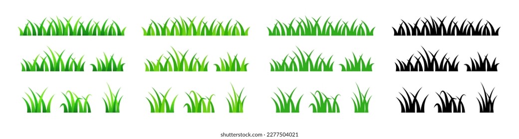 Grass border set. Green lawn set. Realistic, cartoon, flat, silhouette.