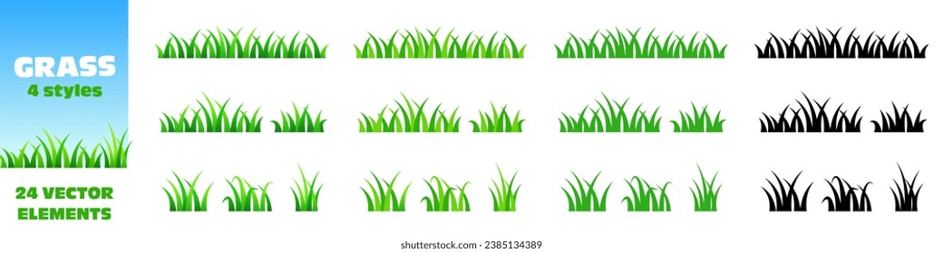 Grass border. Grass border set. Realistic, cartoon, flat, silhouette.
