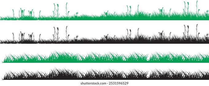 Grass border set Realistic  flat silhouette style meadow grass. long grass set.