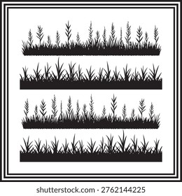 Grass Border Silhouette Set with Wild Plants and Meadow Elements Illustration