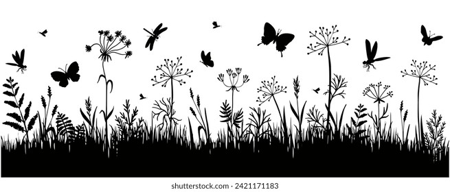 Grass borders. Black silhouette of grass, spikes and herbs isolated on white background. Abstract meadow line with grass and flowers. Hand drawn sketch style vector illustration.