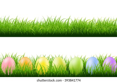 Grass Borders With Easter Eggs With Gradient Mesh, Vector Illustration