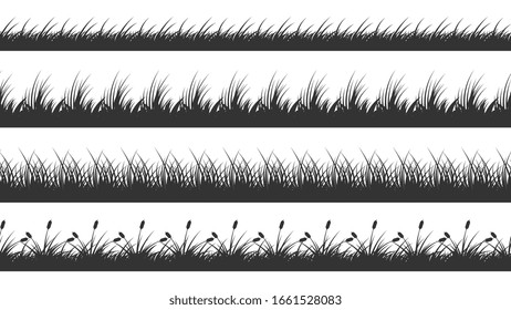 Grass borders. Planted meadow silhouette background. Isolated horizontal lawn dividers. Growth plants vector seamless pattern