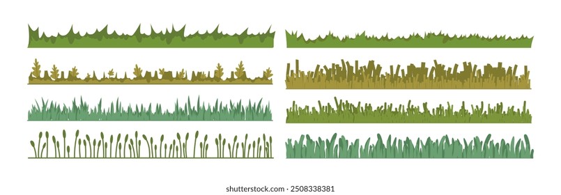 Grass borders set, isolated herbs and flora for garden, lawn or farm. Vector leafy lines with foliage and leaves, summer or spring lush growing. Grassland ecological environment, wilderness flat