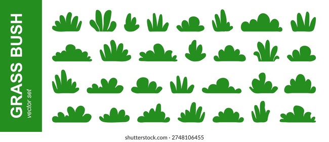 Grass bush and cartoon tree, green lawn silhouette. Shrub grass, park or forest icon. Simple plant, cute meadow. Spring and summer jungle herb collection isolated on white bg. Vector illustration