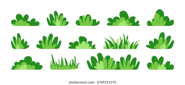 Grass bush and cartoon tree, green lawn and park. Silhouette forest and shrub field icon. Simple small plant, cute springtime herb pattern, garden set isolated on white background. Vector illustration