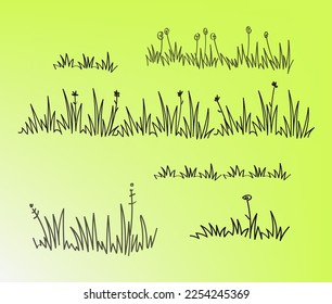 Grass bush line hand drawn scribble lawn outline icon set. Vector doodle sketch border illustration.