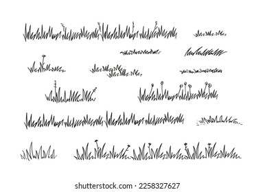 Grass bush line hand drawn scribble lawn outline icon set. Vector doodle sketch border illustration.