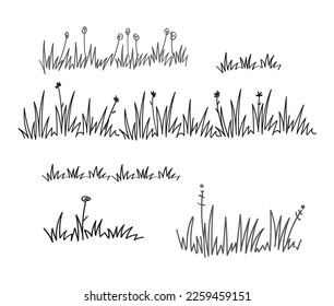 Grass bush line hand drawn scribble lawn outline icon set. Vector doodle sketch border illustration.