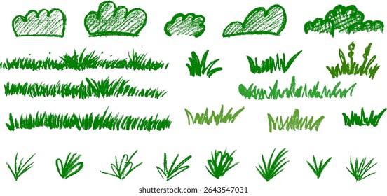 Grass Bush Plants Crayon Chalk Drawing Vector Set