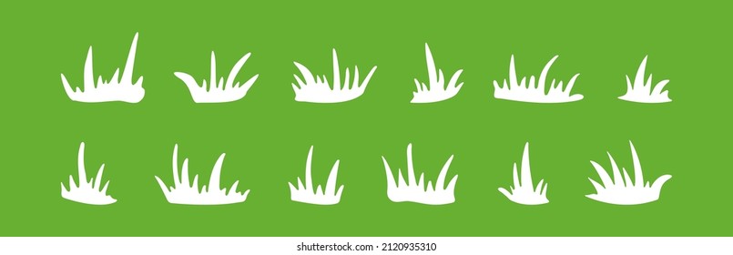 Grass bush vector set, simple elements meadow and landscape, white scribble lawn on green background. Nature illustration