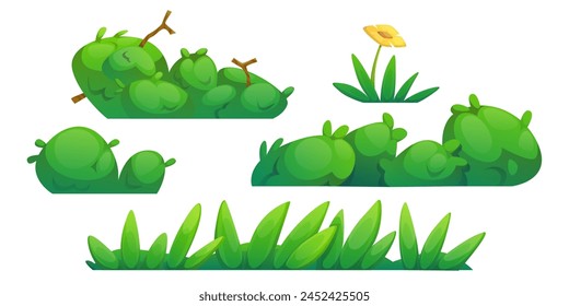 Hierba, arbustos y flores bordean. Conjunto de Ilustración vectorial de dibujos animados de campo de primavera o verano y Elementos de decoración de jardín. Vegetación verde para primavera o diseño de Pascua. Plantas de prado y césped.